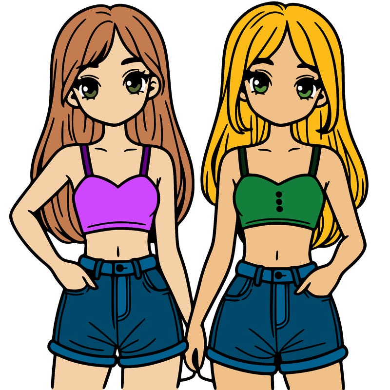 two sisters with crop tops and jean shorts and straight hair