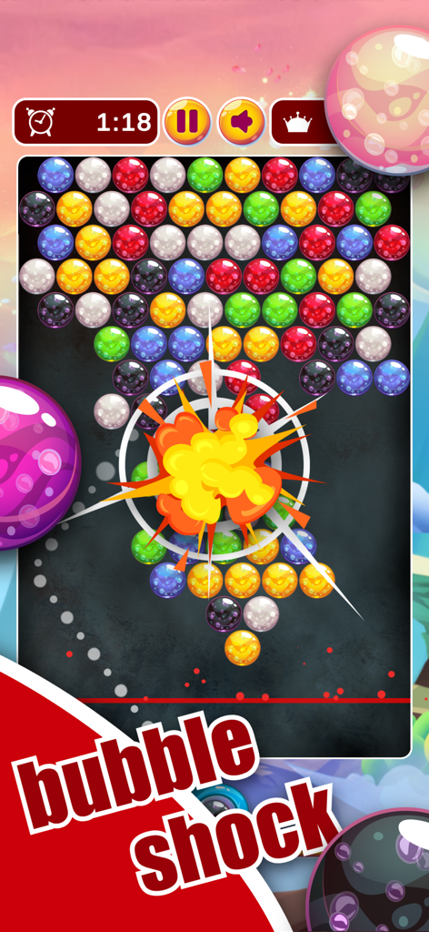 Gameplay screenshot of Bubble Shooter and Classic Match featuring a bubble shock explosion effect