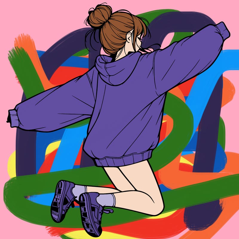 realistic girl jumping with a bun and oversized sweatshirt