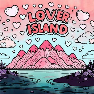 bubble font words “lover island” with sandy mountains overlooking a river with heart shaped bubbles. heart shaped clouds float in the sky.