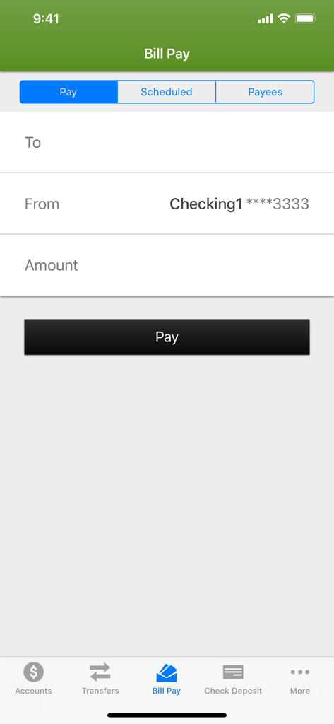 Bill Pay screen on OurFirstFed Mobile Banking app