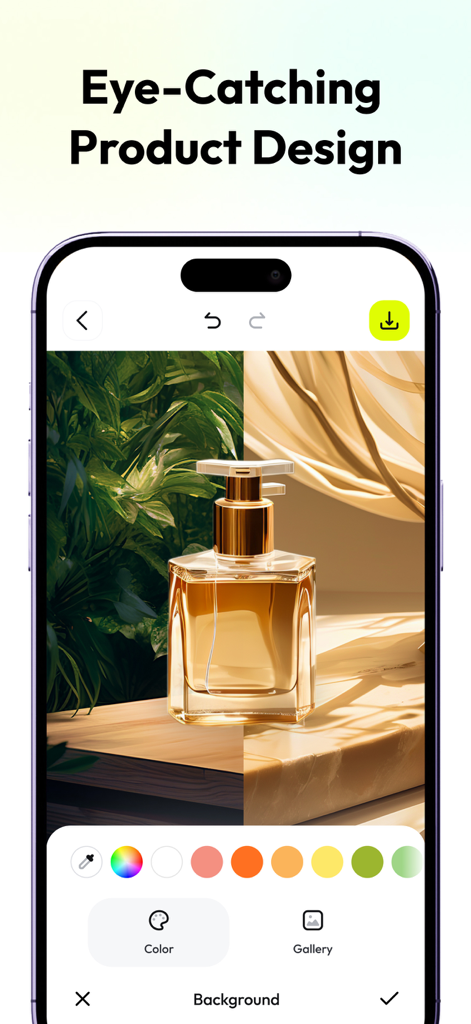 AnyEraser: Remove Objects AI - Pantalla de la aplicación AnyEraser que muestra la interfaz para editar el fondo de una foto de producto de botella de perfume con herramientas de IA