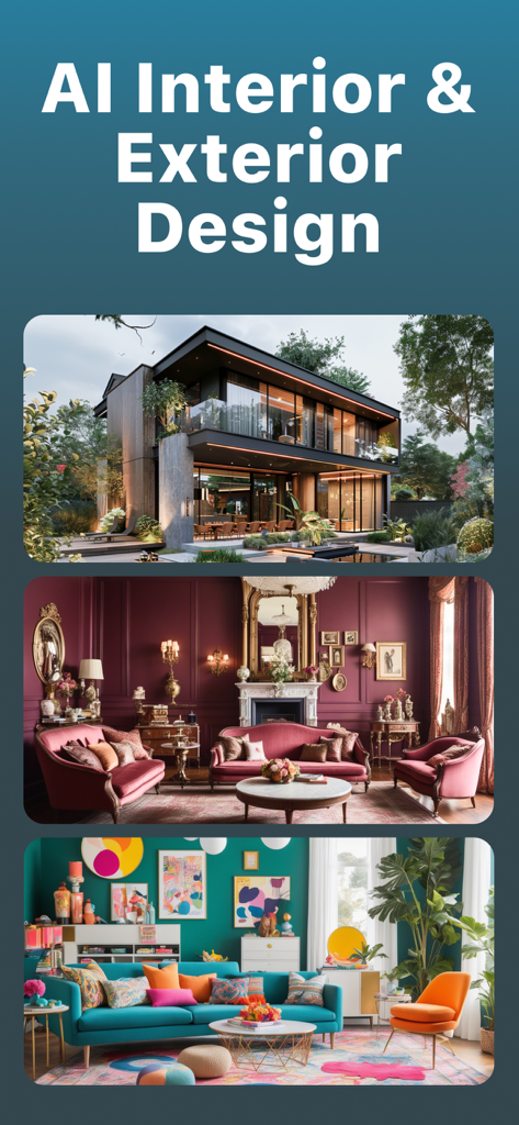Deko: AI Home Design & Remodel - Showcase of modern exterior and diverse interior design styles created with AI
