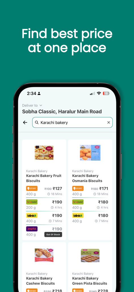 Quick Compare App - Quick Compare app interface showing price and delivery time comparisons for Karachi Bakery biscuits across multiple Indian delivery services