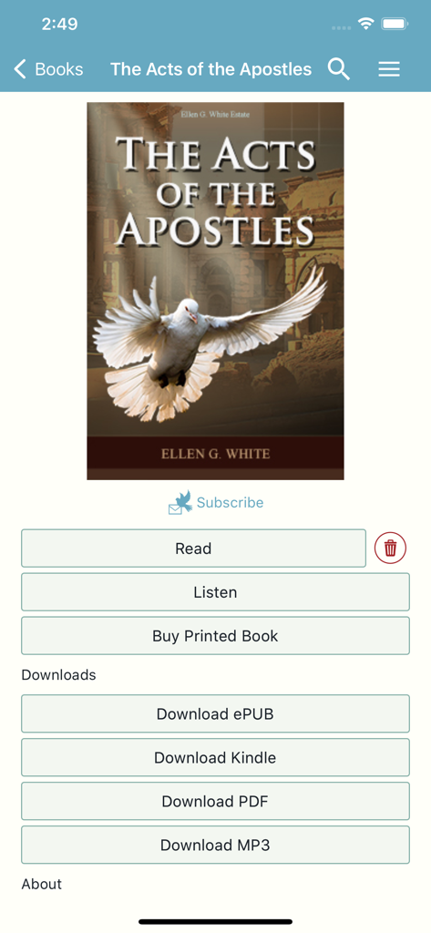 EGW Writings 2 - Interface de Atos dos Apóstolos no aplicativo EGW Writings 2 mostrando opções para ler, ouvir e baixar livros