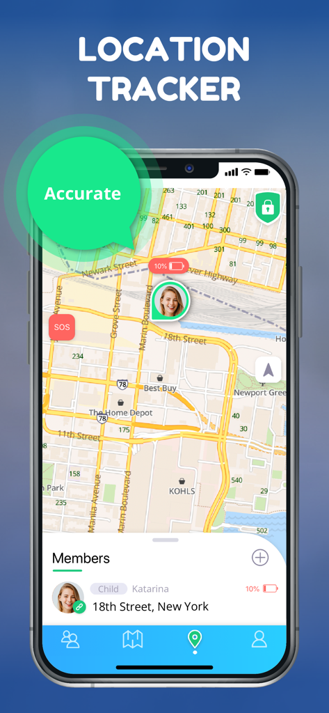 Spoten app interface showing real time location tracking on a map for family safety