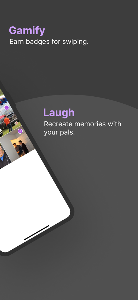 Photo Dump AI - Uma captura de tela da interface do aplicativo Photo Dump AI exibindo as palavras Gamificar e Rir com descrições sobre ganhar distintivos e recriar memórias.