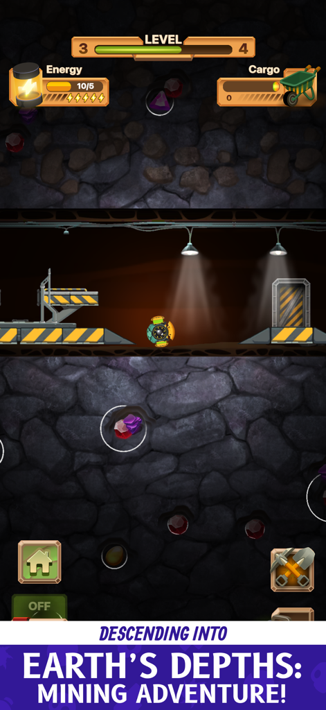 The Detonator : Travel Down - In game screenshot of The Detonator showing an underground mining level with minerals gems and a progress bar