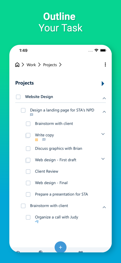 SkedPal - SkedPal App-Bildschirm, der eine hierarchische Projektübersicht für Webdesign mit verschiedenen Unteraufgaben zeigt