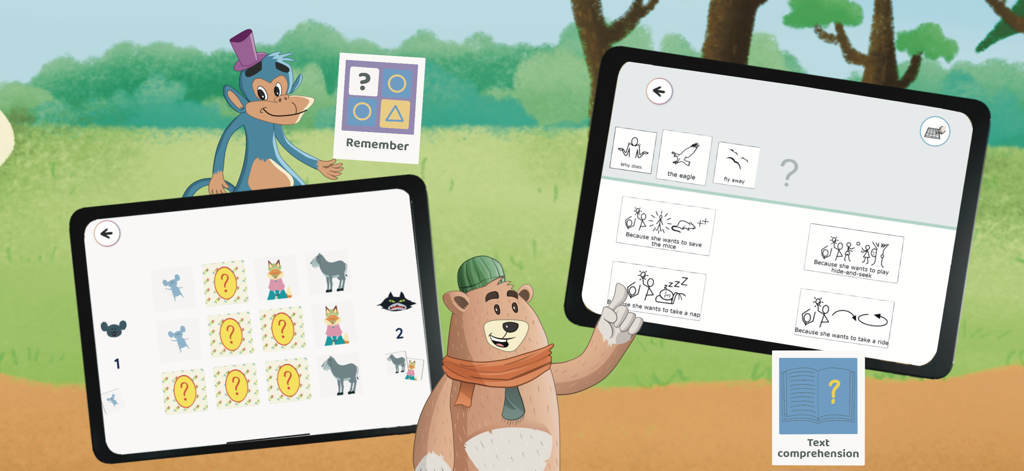 Tadà - Tada app screens showing inclusive learning games and AAC text comprehension symbols for kids