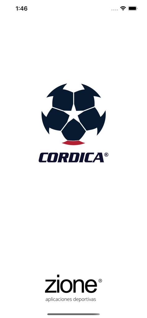 Cordica - Cordica app splash screen featuring a soccer ball logo and Zione developer branding