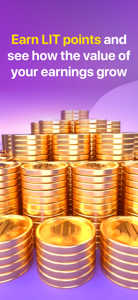 lit.it - Short Video App - Stacks of gold coins on a purple background representing earnings from the lit.it short video app.
