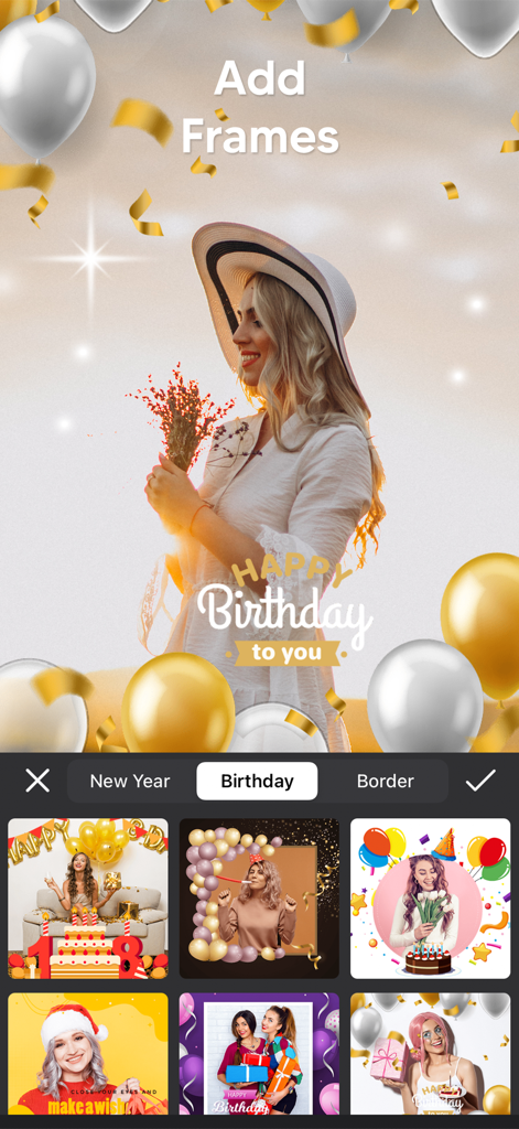 Photo Video Maker - With Song - User interface of the Photo Video Maker app showing a variety of birthday themed frames and decorative templates.