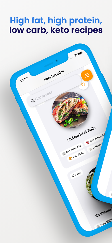 Keto Diet Recipes - Screenshot of the Keto Diet Recipes app displaying a stuffed beef rolls recipe with nutritional macro information
