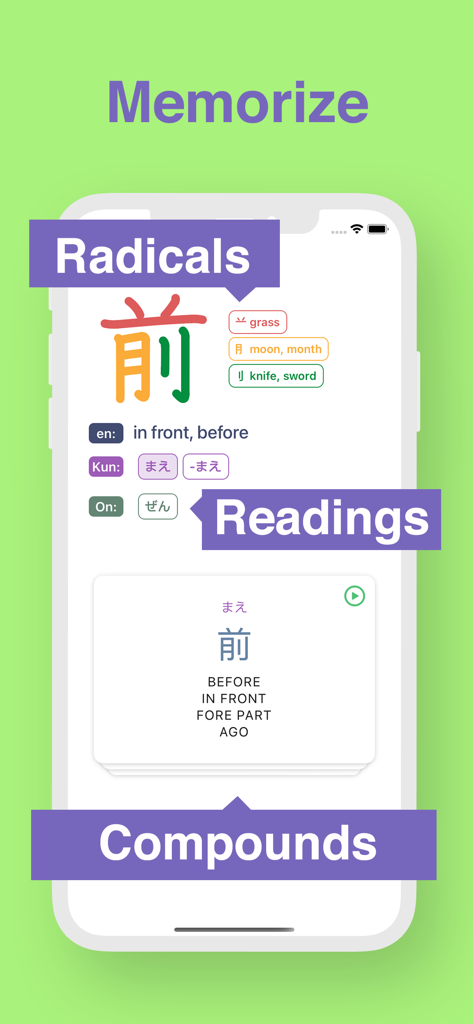 Interfaz de la aplicación Robokana mostrando radicales kanji, lecturas y compuestos