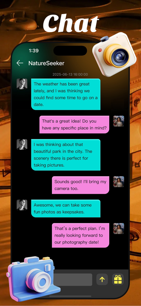Uno screenshot dell'interfaccia di chat dell'app Fotzy che mostra una conversazione tra due utenti su un appuntamento fotografico.