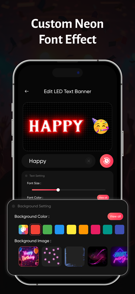 LED Text Banner : Scroll LED - Interfaz de la aplicación LED Text Banner que muestra el efecto de fuente de neón y las opciones de configuración de fondo