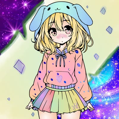 pretty anime girl wearing a fluffy hoodie with bunny ears on the hood and a skirt