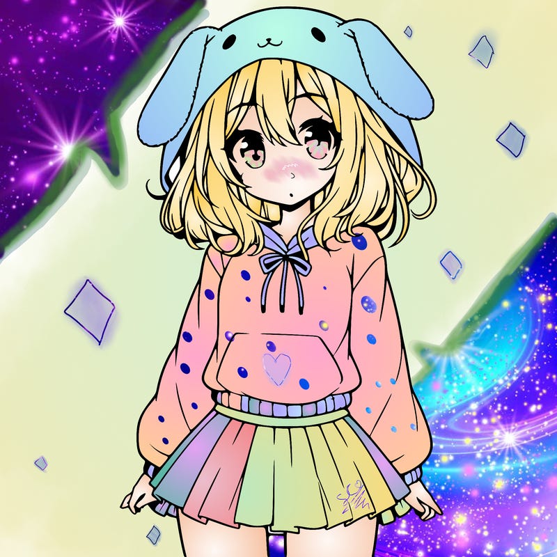 pretty anime girl wearing a fluffy hoodie with bunny ears on the hood and a skirt