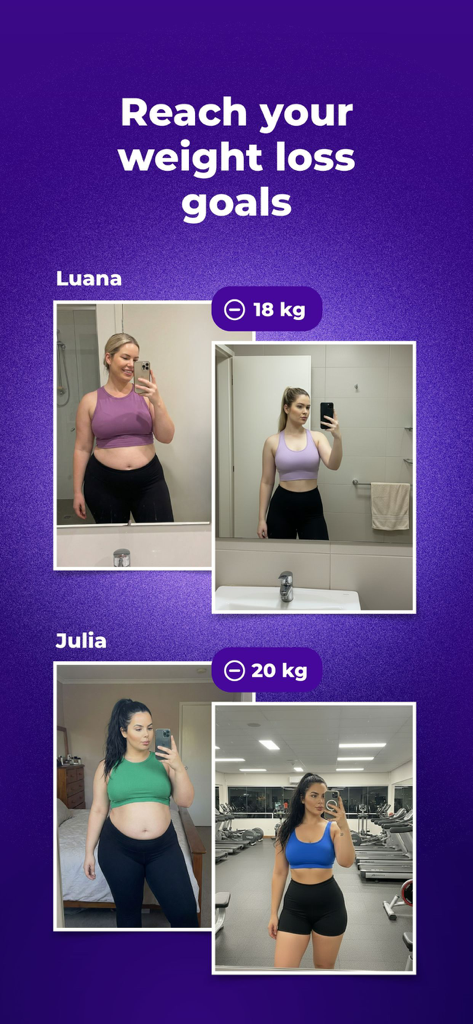 Fotos de progresso de perda de peso antes e depois mostrando resultados bem-sucedidos usando o aplicativo rastreador OzemPro GLP1