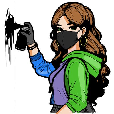 realistic girl with mask spray painting a wall