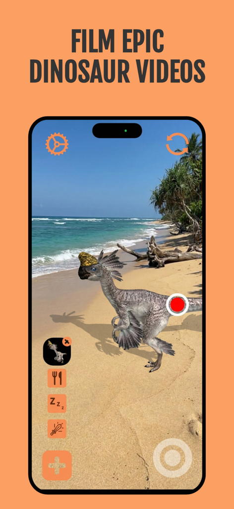 Recording an AR video of a feathered dinosaur on a beach.