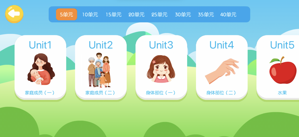 儿童英语单词-小学英语单词卡和小学生背单词 - English vocabulary learning interface with illustrated unit cards for family members, body parts, and fruits