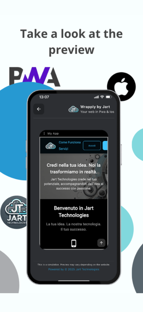 Wrapply Build App from Website - A smartphone screen showing a live preview of a website converted into an iOS app and Progressive Web App using Wrapply