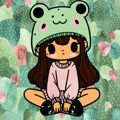 a girl wearing a frog hat and some frog socks