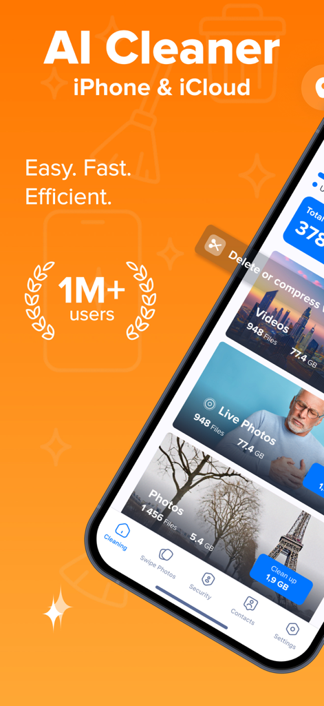 Interfaz de la aplicación optimizador de almacenamiento IA que muestra opciones de gestión de almacenamiento de iPhone e iCloud para videos y fotos.