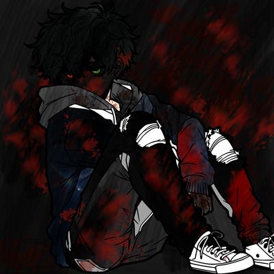 a male hoddie ripped jeans messy hair anime