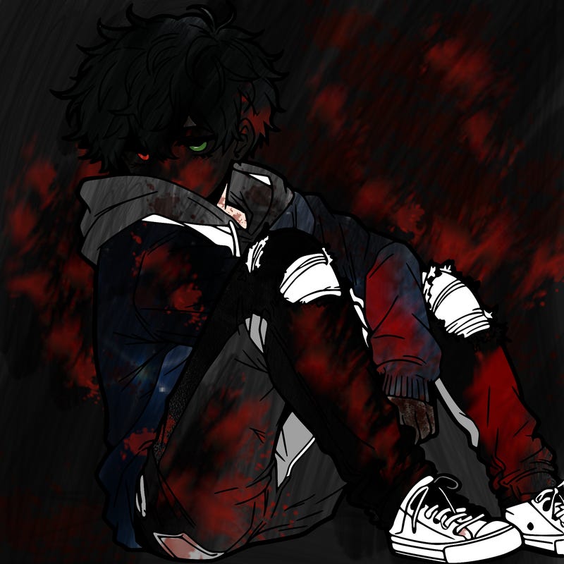 a male hoddie ripped jeans messy hair anime