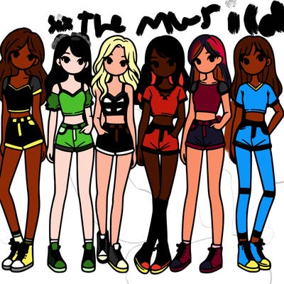 a group of girls wearing crop tops and shorts