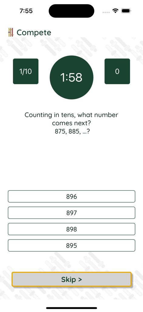 Koloso - A mental arithmetic competition screen in the Koloso app featuring a timer and a sequence completion question