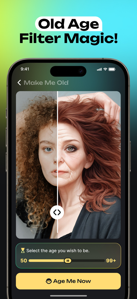 Make me Old : Old Aging Face - A smartphone displaying the Make Me Old app interface with a split-screen comparison of a young woman and an aged version of her face.