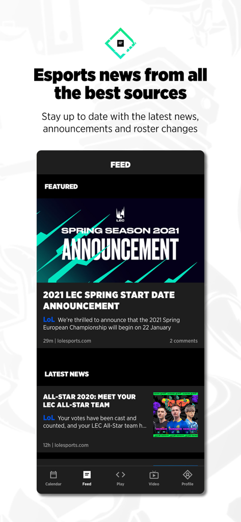 Strafe Esports - The news feed interface of the Strafe Esports app showing League of Legends tournament announcements and roster updates.