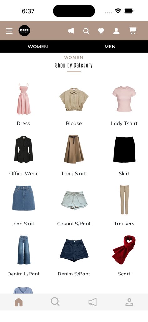 DEES Fashion - DEES Fashion App Damen-Einkaufskategorien-Menü mit Kleidern und Oberteilen