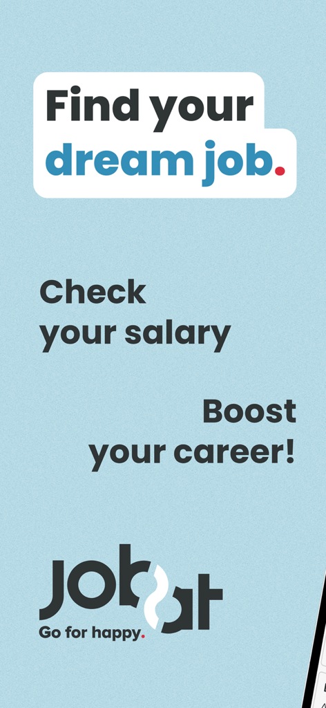 Jobatアプリのプロモーション画面、「夢の仕事を見つけよう」「給与をチェック」「キャリアを向上させよう」というテキストが表示されています。