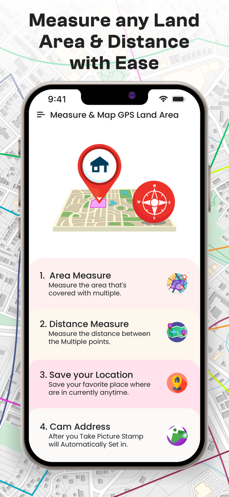GPS Fields Area Measure on Map - Tela do aplicativo móvel para medição de área e distância de terra por GPS com recursos para salvar locais e carimbos de fotos da câmera.
