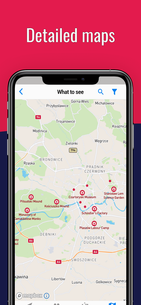 KRAKOW Guide Tickets & Hotels - Mobile app screen displaying a detailed offline map of Krakow with points of interest and landmarks like Schindlers Factory.