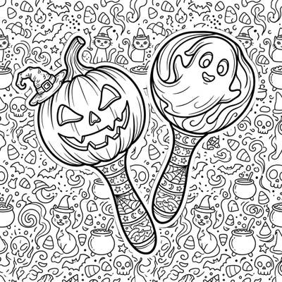 Dive into the spirit of Halloween with this delightful coloring page featuring two festive maracas! One is a grinning jack-o'-lantern, and the other a friendly ghost, surrounded by a medley of spooky-cute designs perfect for festive coloring.