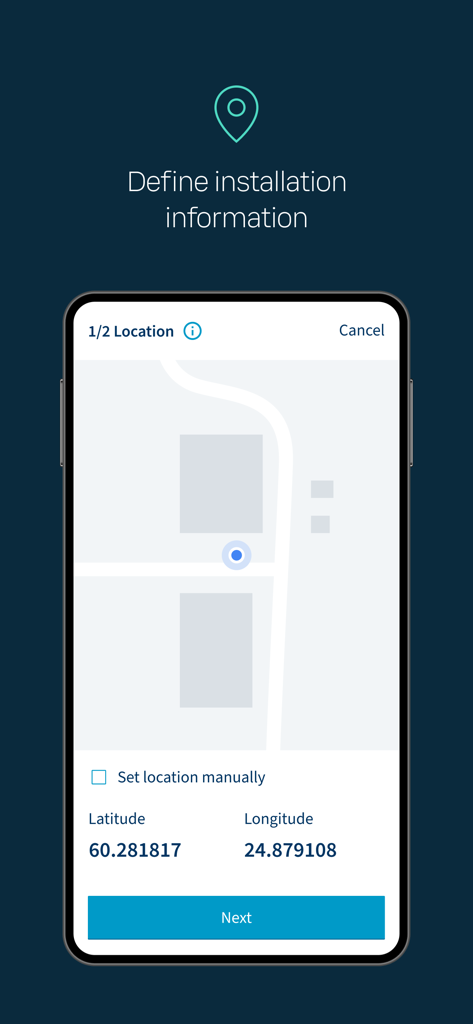 Vaisala Xcast Connect - Interface of Vaisala Xcast Connect app for defining the GPS location and coordinates during sensor installation