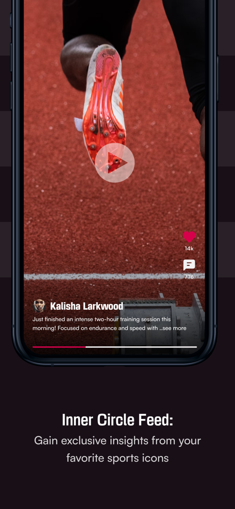 InnerCircle: Athletes First - Vertical video feed showing a track athlete training on a red running track in the InnerCircle app