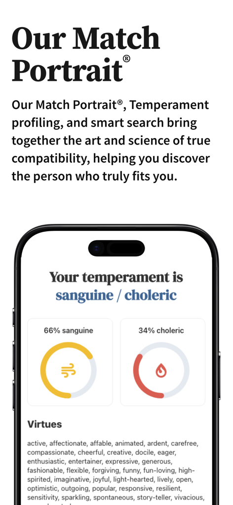 Interface do aplicativo CatholicMatch exibindo resultados de perfil de temperamento e virtudes de personalidade para correspondência de compatibilidade.
