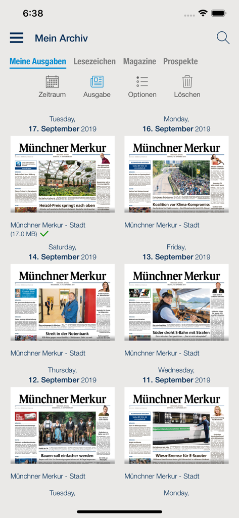 Münchner Merkur ePaper - Visualizzazione dell'archivio digitale dell'app Münchner Merkur ePaper che mostra varie edizioni passate di giornali.