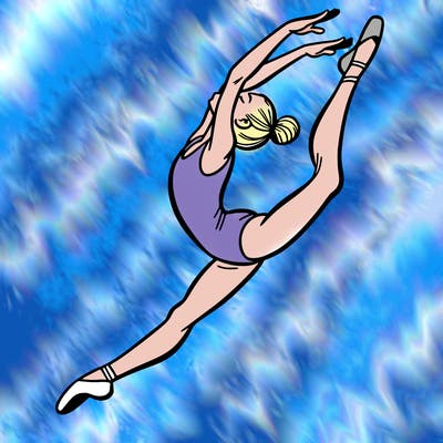 gymnast doing a leap in a leotard with a bent back leg