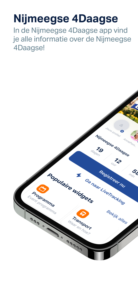 The home screen of the 4Daagse app displaying an event countdown and navigation widgets