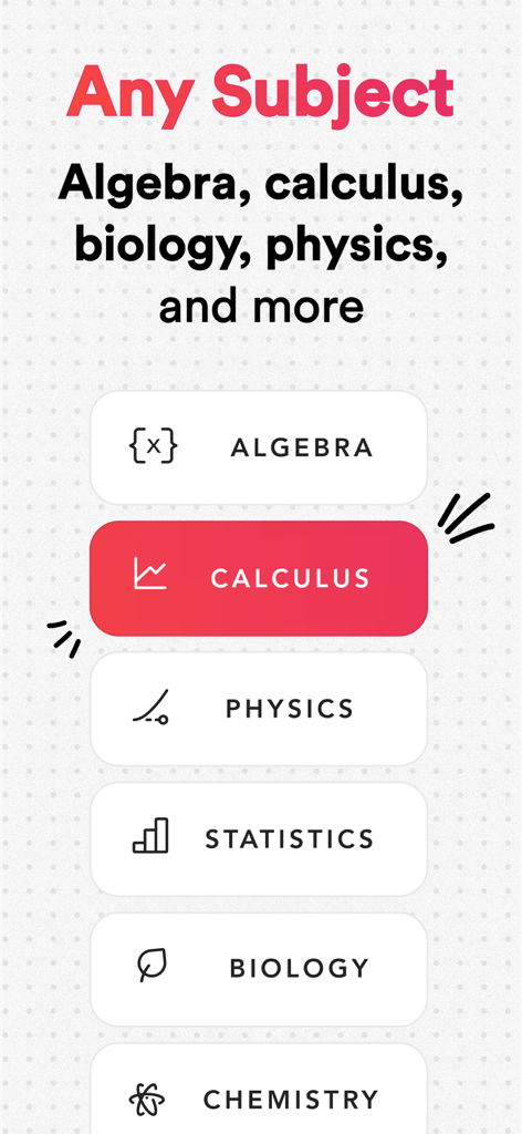 AI Homework Helper・Math Solver - A list of academic subjects in the AI Homework Helper app including Algebra, Calculus, Physics, Statistics, Biology, and Chemistry.