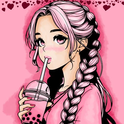 realistic girl with braided hair drinking boba