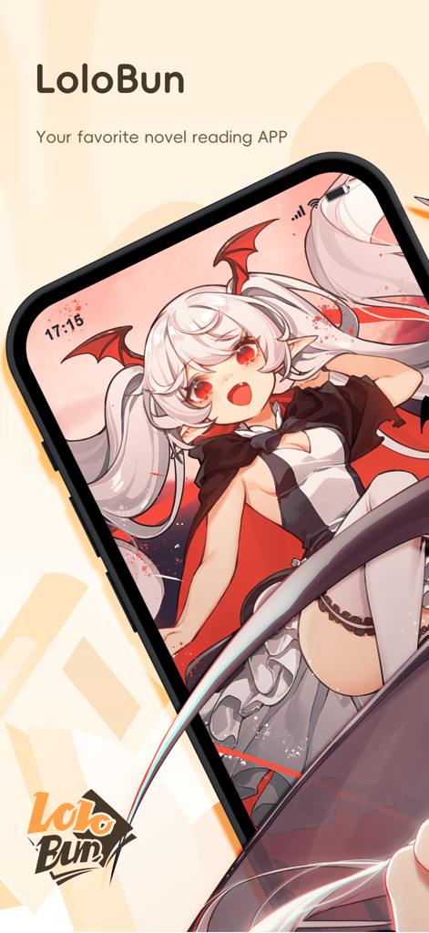 Écran de démarrage de l'application de light novel LoloBun avec une illustration de personnage d'anime